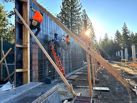 TROYCO team tying rebar for a concrete wall in Mammoth Lakes, CA for a commerical resort.