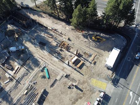 Drone view of footings excavated by TROYCO in preparation to pour a solid foundation for a commercial resort in Mammoth Lakes, CA.
